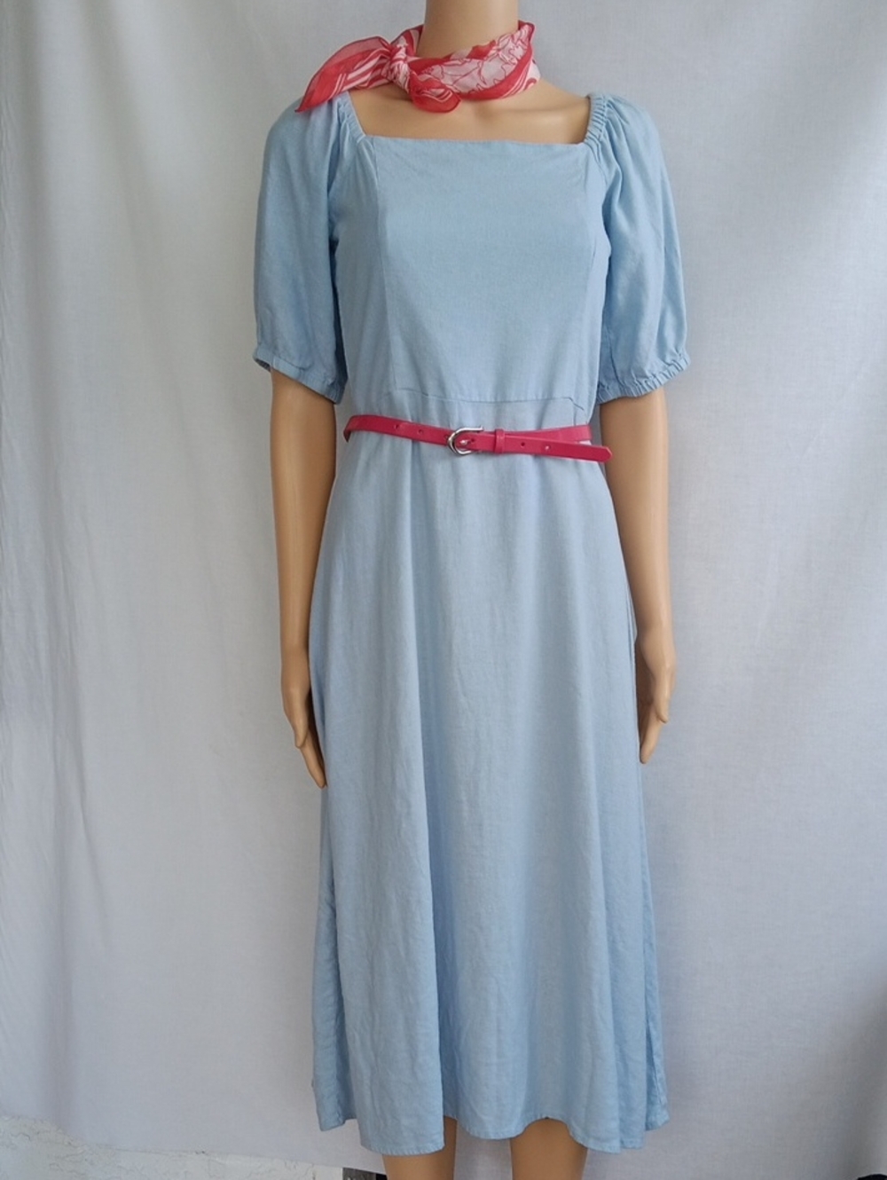 Michael Kors Light Blue Square Neck Puff Sleeve Midi Dress Size XS